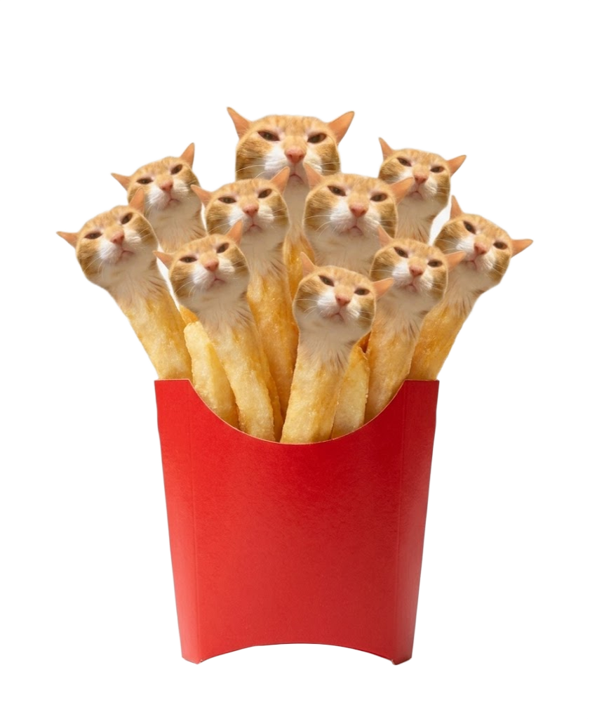A red carton of french fries, each fry topped with a little cat face